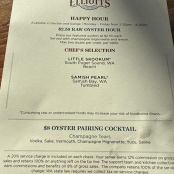Elliott's Oyster House - Happy Hour Menu (oysters, oyster pairing cocktail, service charge info) - Seafood Near Me - Seattle, Washington
