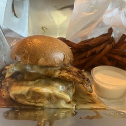 BYOB Grilled Chicken with Gruyère, Swiss, caramelized onions, & sauteed mushrooms smothered in Cabernet gravy on a torta bun BYOB Grilled Chicken with Gruyère, Swiss, caramelized onions, & sauteed mushrooms smothered in Cabernet gravy on a torta bun