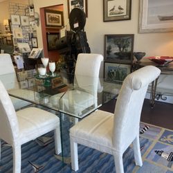 Mosaic Consignments & Gifts - Glass Dining Table with 4 White Parson Style Chairs