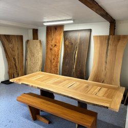 Peroba Reclaimed Wood & Live Edge Slabs - Here is a peak into our showroom with a variety of finished slabs, ready for you to make into the perfect table!