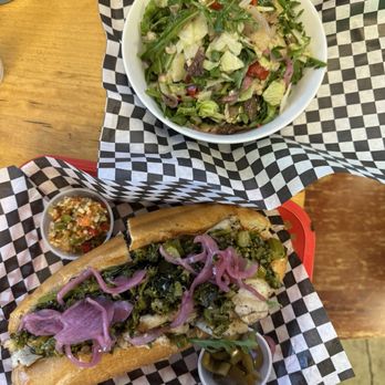 Sandy O's - High on the hog with a house salad (vinaigrette dressing) with pickled jalapeños and giardiniera on the side. - Sandwiches Near Me - Portland, Oregon