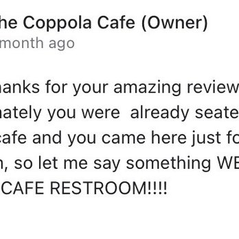 The Coppola Cafe - Owner responding to a review - Cafes Near Me - New York, New York
