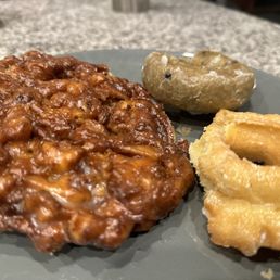 We had a blueberry cake donut, an old fashioned donut and the apple fritter donut. We had a blueberry cake donut, an old fashioned donut and the apple fritter donut.