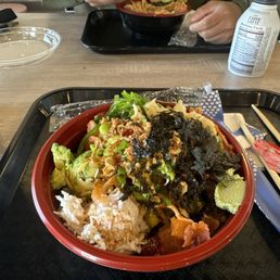 Small bowl with three protein and everything on it
