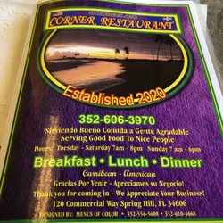 Carmela's Corner - Menu - front page with hours and phone