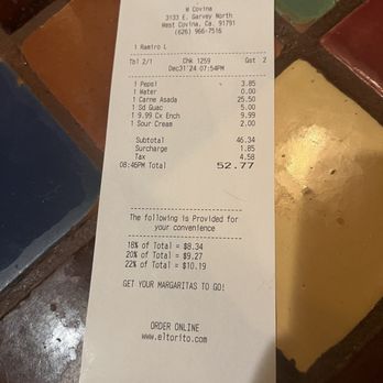 El Torito - Bill - Mexican Near Me - West Covina, California