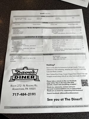 Menu photo 2 Dave's Diner Adamstown, PA