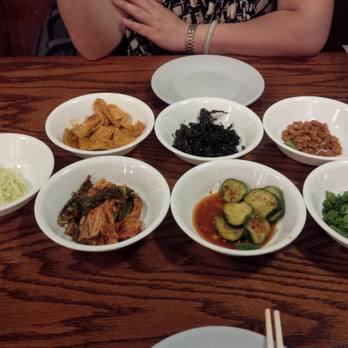 Hanbat Restaurant - Banchan. Not all that distinctive...and the cabbage/chopped Chinese kale is kinda bland and flavorless. - Korean Near Me - New York, New York