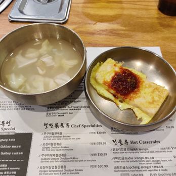 Daori BBQ - Starters Cold soup and egg coated tofu - Korean Near Me - Flushing, New York