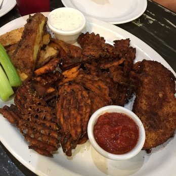 The Wayward Cafe - Wayward sampler: buffalo wings, sweet potato fries, and mozzarella sticks - Breakfast & Brunch Near Me - Seattle, Washington