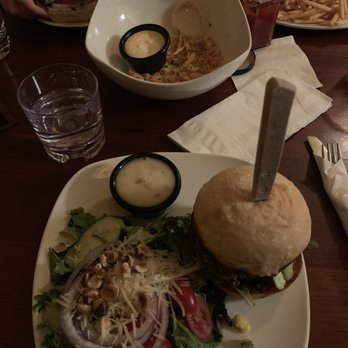Agate Alley Bistro - Black bean vurger; house salad with champagne truffle dressing; shoe string onion rings - New American Near Me - Eugene, Oregon