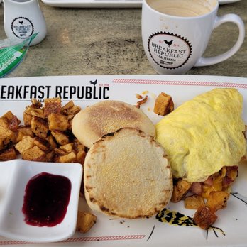 Breakfast Republic - Jalapeno bacon cheddar sausage omelet, rosemary potato's, and English muffin. Oh and a latte. - Breakfast & Brunch Near Me - San Diego, California