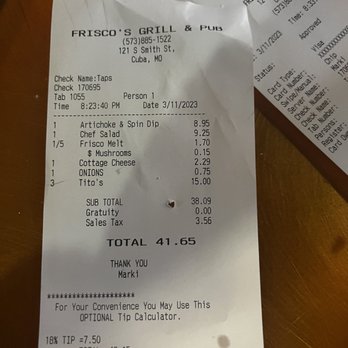 Frisco's Grill & Pub - receipt - Pubs Near Me - Cuba, Missouri Frisco's Grill & Pub - receipt - Pubs Near Me - Cuba, Missouri