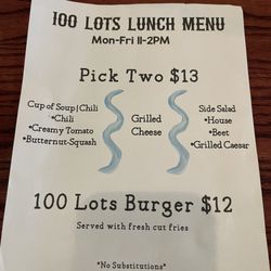 100 Lots Kitchen + Bar - Lunch menu