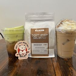 Melby’s Coffee & Tea House - Cold brew with pistachio cream, coffee beans, gingerbread latte, sticker