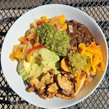 The Black Bear - Happy Bowl loaded with adobo chicken, peppers & onions, avocado & housemade spicy mix - Coffee & Tea Near Me - Denali National Park, Alaska The Black Bear - Happy Bowl loaded with adobo chicken, peppers & onions, avocado & housemade spicy mix - Coffee & Tea Near Me - Denali National Park, Alaska