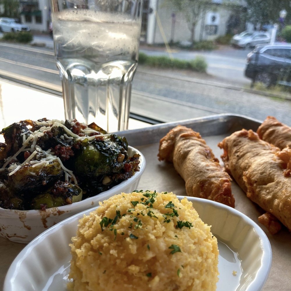 Foragers Canteen - Catch of the Day, Smoked Gouda Grits, Maple Balsamic Sprouts - Tacos Near Me - Sylva, North Carolina Foragers Canteen - Catch of the Day, Smoked Gouda Grits, Maple Balsamic Sprouts - Tacos Near Me - Sylva, North Carolina