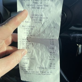 Chick-fil-A - Receipt NOTE THE TIME IS 5:06 to 6:23pm - Fast Food Near Me - Poway, California Chick-fil-A - Receipt NOTE THE TIME IS 5:06 to 6:23pm - Fast Food Near Me - Poway, California