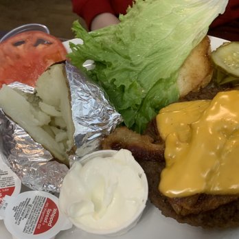 Todds Mountain View Restaurant - Bacon cheeseburger with baked potato - American Near Me - Lancaster, Ohio Todds Mountain View Restaurant - Bacon cheeseburger with baked potato - American Near Me - Lancaster, Ohio
