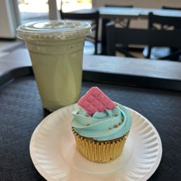 Strawberry vanilla cupcake and iced matcha