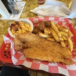 Mama Sarah's - Catfish, French fries, hush puppies, macaroni and cheese