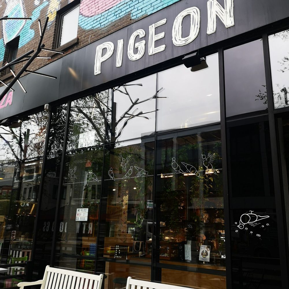 Pigeon - two white benches in front of a store - Coffee & Tea Near Me - Montreal, Quebec Pigeon - two white benches in front of a store - Coffee & Tea Near Me - Montreal, Quebec