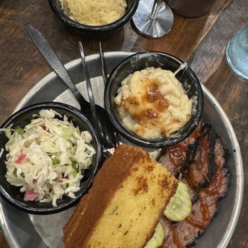 Edley's Bar-B-Que - Brisket Platter with cornbread, coleslaw, Mac n cheese, and grits casserole - Barbeque Near Me - Nashville, Tennessee