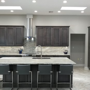 Fusion Cabinets - Slate gray shaker cabinets with Fantasy brown leather tops! - Cabinetry Near Me - Largo, Florida Fusion Cabinets - Slate gray shaker cabinets with Fantasy brown leather tops! - Cabinetry Near Me - Largo, Florida