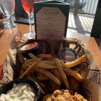Decoys Seafood - Fried oysters with fries and coleslaw.  Delicious - Seafood Near Me - Suffolk, Virginia