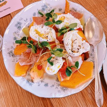 Gabby's Next Door - summer melon, stone fruit, prosciutto, burrata, pickled chiles, micro basil, agrumato - Salad Near Me - Portland, Oregon Gabby's Next Door - summer melon, stone fruit, prosciutto, burrata, pickled chiles, micro basil, agrumato - Salad Near Me - Portland, Oregon