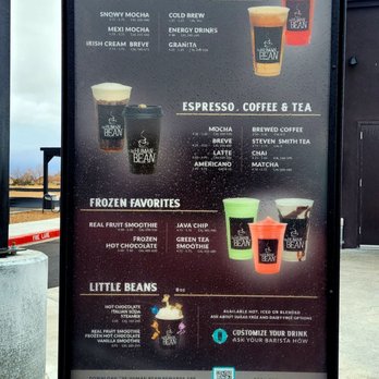 The Human Bean - Menu - A digital menu board at The Human Bean coffee stand lists specialty drinks, espresso options, frozen favorites, and Little Beans options. - Coffee & Tea Near Me - Albuquerque, New Mexico