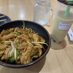 JAPANESE FRIED UDON with chicken. Green Milk Tea with boba JAPANESE FRIED UDON with chicken. Green Milk Tea with boba