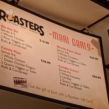 Roasters - Pick-up menu that hangs from the ceiling above the takeout counter. 1 of 2: Meal deals. - Barbeque Near Me - Sandy Springs, Georgia