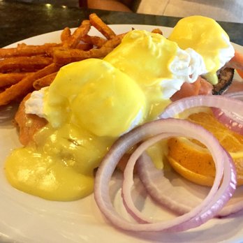 Symposium Cafe Restaurant Bolton - Egg Benedict on Salmon with Sweet Potato Fries - Breakfast & Brunch Near Me - Bolton, Ontario