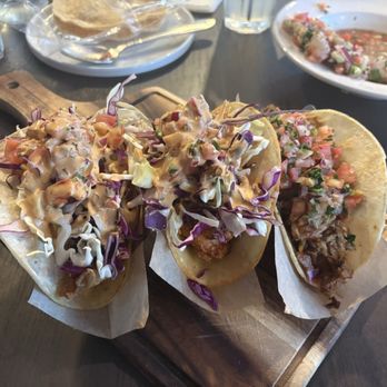 Mas Fuego - Three large tacos. From left: shrimp, fish, carnitas. - Mexican Near Me - Sacramento, California Mas Fuego - Three large tacos. From left: shrimp, fish, carnitas. - Mexican Near Me - Sacramento, California