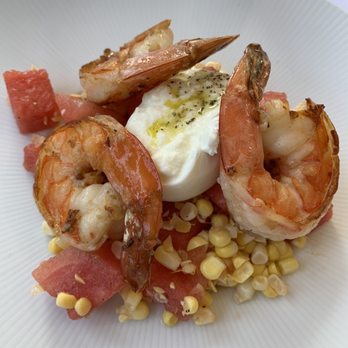 1852 Grill Room - Shrimp, corn, burrata, watermelon, and lemon basil vinaigrette - American Near Me - Mackinac Island, Michigan