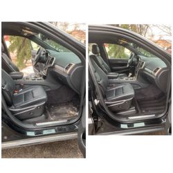 Before and after interior detail with dog hair removal on a Jeep Grand Cherokee
