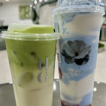 UG Tea - Jasmine matcha cream latte and a blueberry blizzard smoothie - Bubble Tea Near Me - San Gabriel, California UG Tea - Jasmine matcha cream latte and a blueberry blizzard smoothie - Bubble Tea Near Me - San Gabriel, California