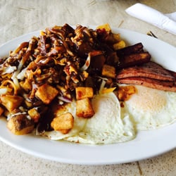 Jak's Diner - NHL breakfast ! Fried bologna, sausage, 2 eggs and loaded home fires!