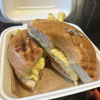 Press and Grind - Egg and turkey sausage on a plain bagel - Coffee & Tea Near Me - Atlanta, Georgia