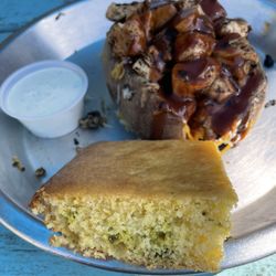 Evan's Barbeque Company - Baked potato with grilled chicken & jalapeño cornbread