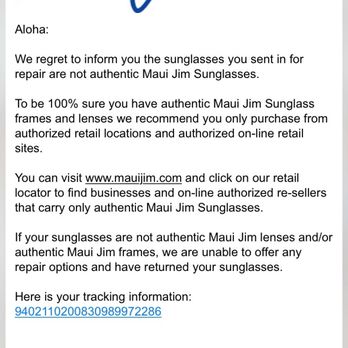 SunOptics - Email from Maui Jim indicating I was sold inauthentic sunglasses from SunOptics. - Sunglasses Near Me - Alhambra, California