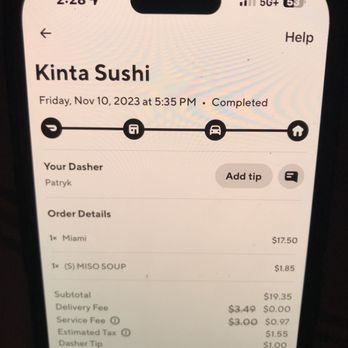 Kinta Sushi - Door dash receipt for order - Sushi Bars Near Me - Carol Stream, Illinois