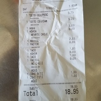 El Antojito Grill - Grand total for 1x: asada taco, al pastor taco, asada sope, al pastor mulita, 2 shrimp ceviche tostadas & 2 cokes. - Mexican Near Me - Los Angeles, California