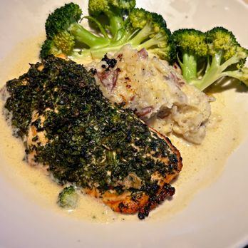 The Cheesecake Factory - Herb Crusted Salmon with mashed potatoes and broccoli - Desserts Near Me - Sunrise, Florida The Cheesecake Factory - Herb Crusted Salmon with mashed potatoes and broccoli - Desserts Near Me - Sunrise, Florida