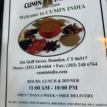 Cumin India - Menu cover - Indian Near Me - Hamden, Connecticut