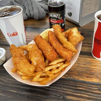 Deckhand Dave's Fish Tacos - Variety Fish n Chips (with a bite out of the halibut!). - Food Trucks Near Me - Juneau, Alaska Deckhand Dave's Fish Tacos - Variety Fish n Chips (with a bite out of the halibut!). - Food Trucks Near Me - Juneau, Alaska