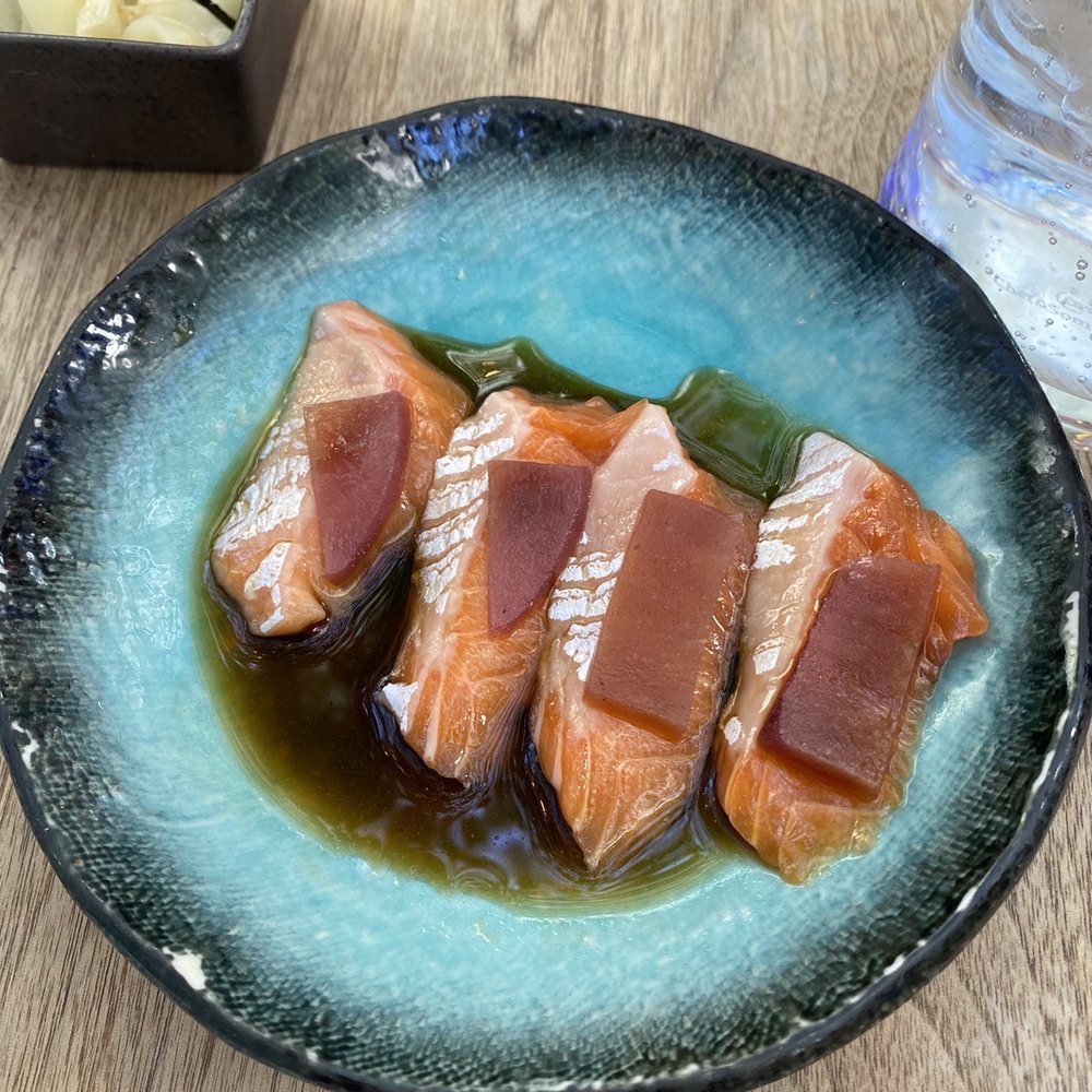 Sushi Lab Rooftop - Salmon belly and poached Asian pear - Japanese Near Me - New York, New York Sushi Lab Rooftop - Salmon belly and poached Asian pear - Japanese Near Me - New York, New York