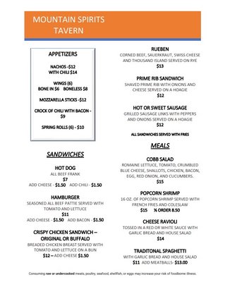 Menu photo 3 Mountain Spirits Tavern Newbury, NH