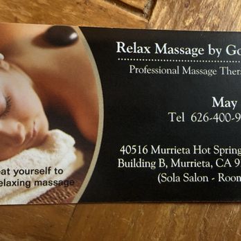 Relax Massage by Gong - May's Business Card Relax Massage by Gong - Massage Therapy Near Me - Murrieta, California Relax Massage by Gong - May's Business Card Relax Massage by Gong - Massage Therapy Near Me - Murrieta, California